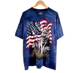 Vtg The Mountain Patriotic Wolf Pack Graphic Tee Sz XL Y2K Tie Dye Navy Cotton